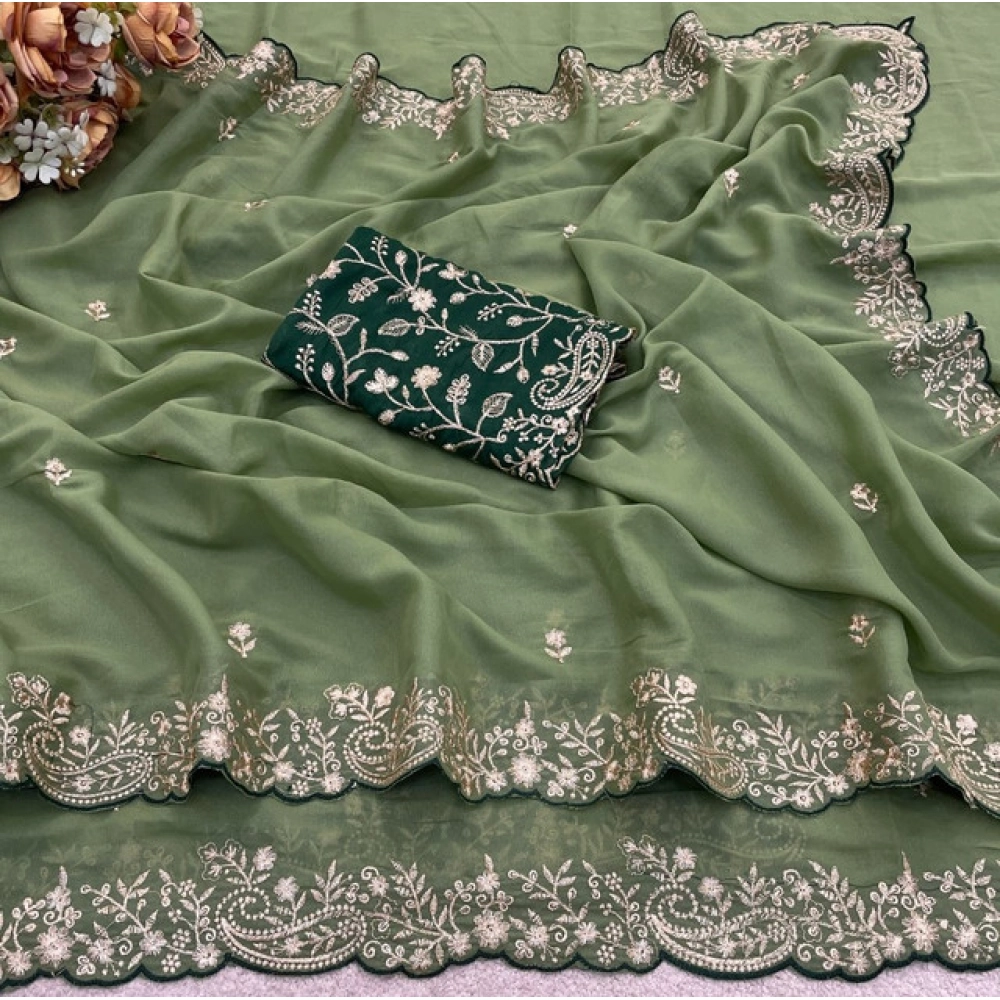 Women's Star Georgette Embroidered Saree With Unstitched Blouse 5.5Mtr (Green) - Image 5