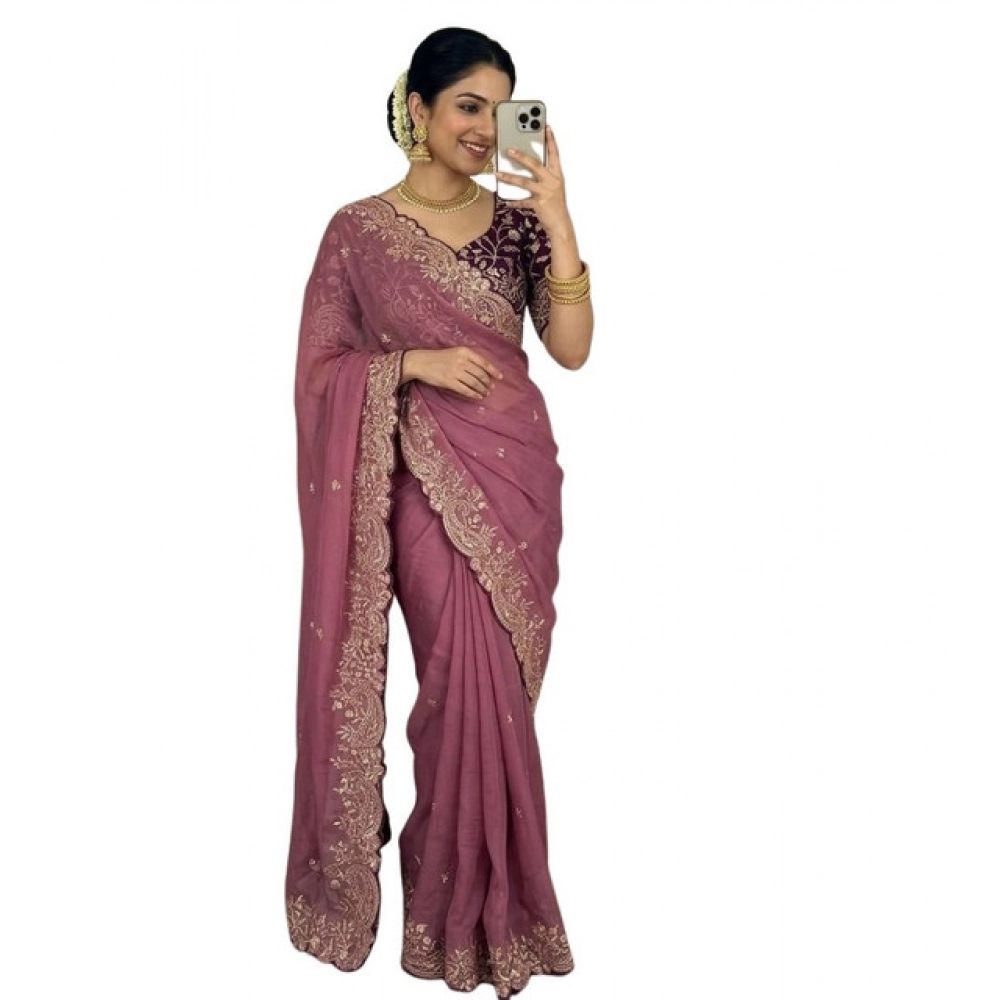Women's Star Georgette Embroidered Saree With Unstitched Blouse 5.5Mtr (Pink) - Image 2