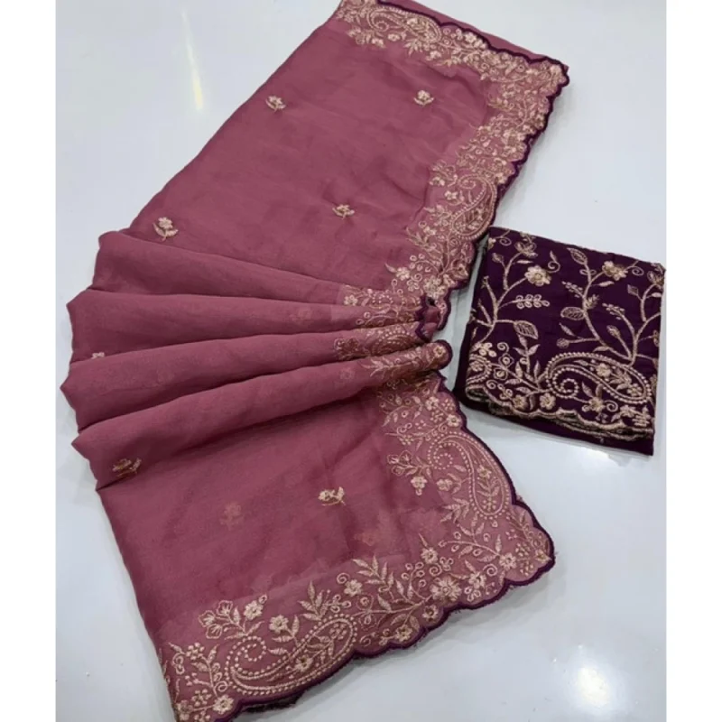 Women's Star Georgette Embroidered Saree With Unstitched Blouse 5.5Mtr (Pink) - Image 3