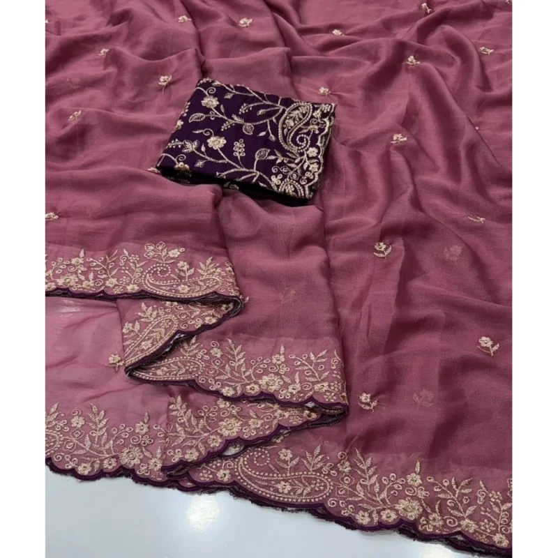 Women's Star Georgette Embroidered Saree With Unstitched Blouse 5.5Mtr (Pink) - Image 4