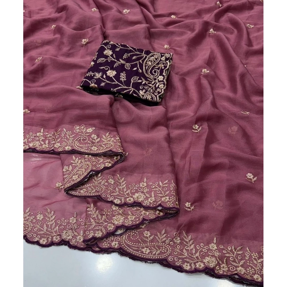 Women's Star Georgette Embroidered Saree With Unstitched Blouse 5.5Mtr (Pink) - Image 4