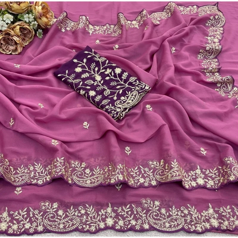 Women's Star Georgette Embroidered Saree With Unstitched Blouse 5.5Mtr (Pink) - Image 5