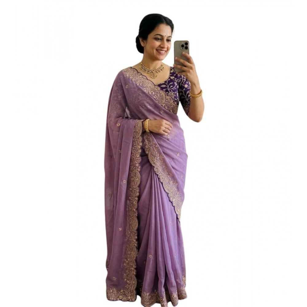 Women's Star Georgette Embroidered Saree With Unstitched Blouse 5.5Mtr (Purple) - Image 2