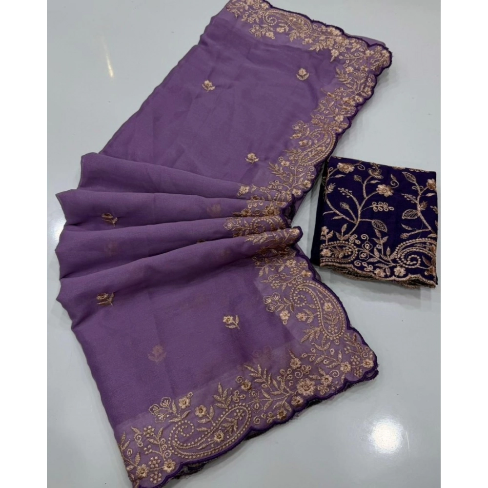 Women's Star Georgette Embroidered Saree With Unstitched Blouse 5.5Mtr (Purple) - Image 3