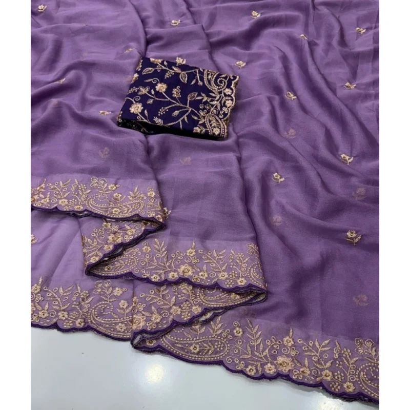 Women's Star Georgette Embroidered Saree With Unstitched Blouse 5.5Mtr (Purple) - Image 4
