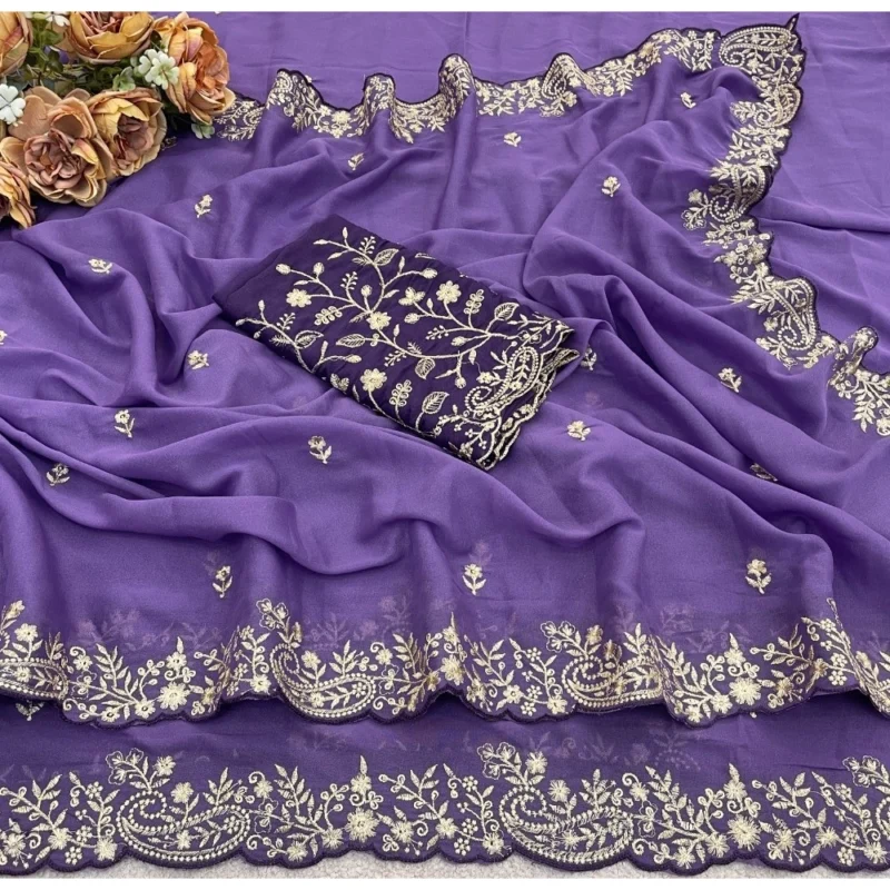 Women's Star Georgette Embroidered Saree With Unstitched Blouse 5.5Mtr (Purple) - Image 5