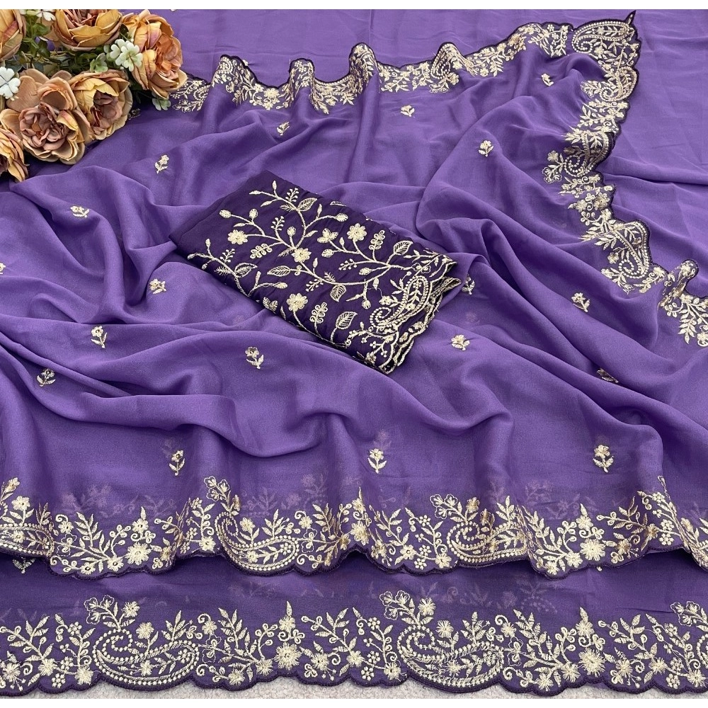 Women's Star Georgette Embroidered Saree With Unstitched Blouse 5.5Mtr (Purple) - Image 5
