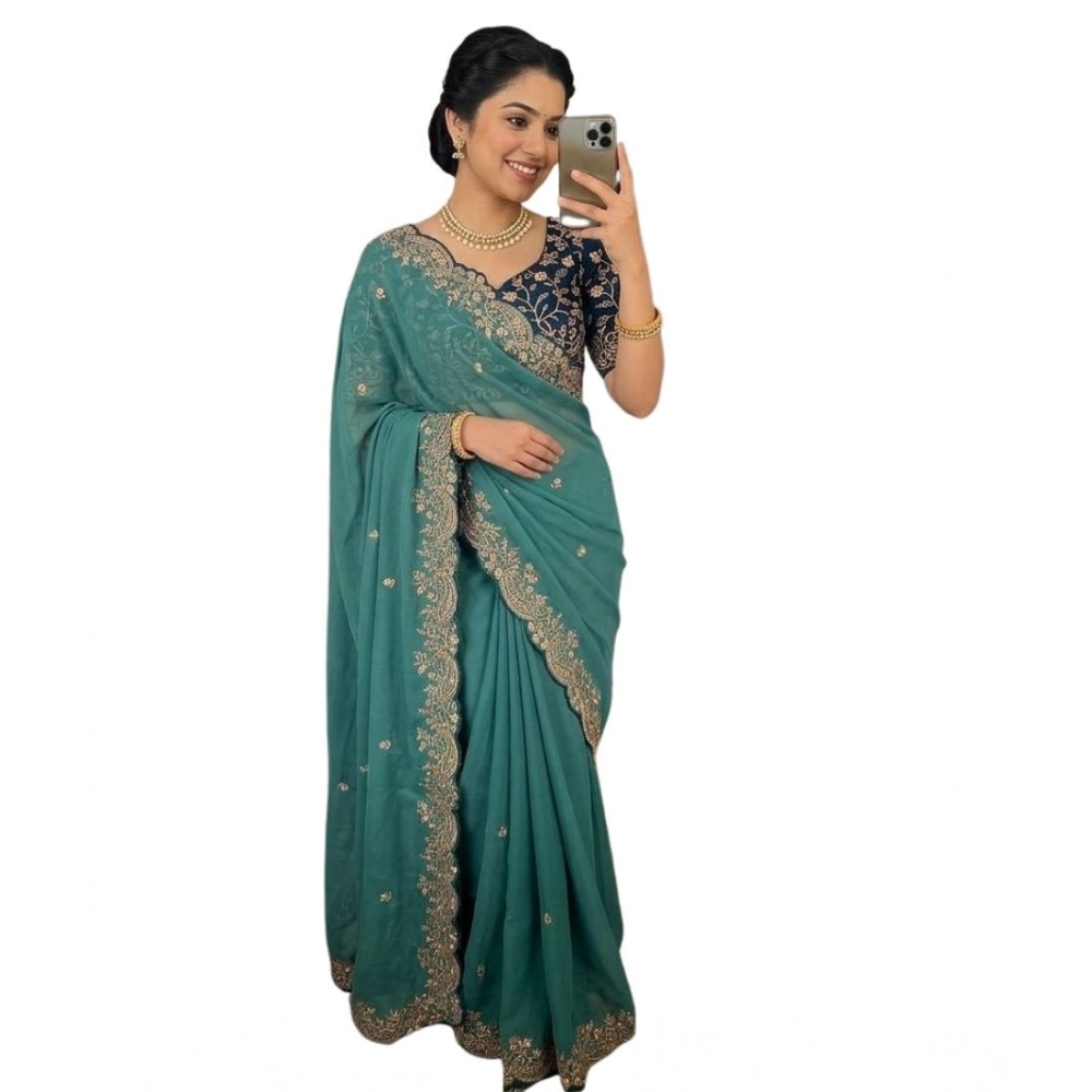 Women's Star Georgette Embroidered Saree With Unstitched Blouse 5.5Mtr (Sea Green) - Image 2