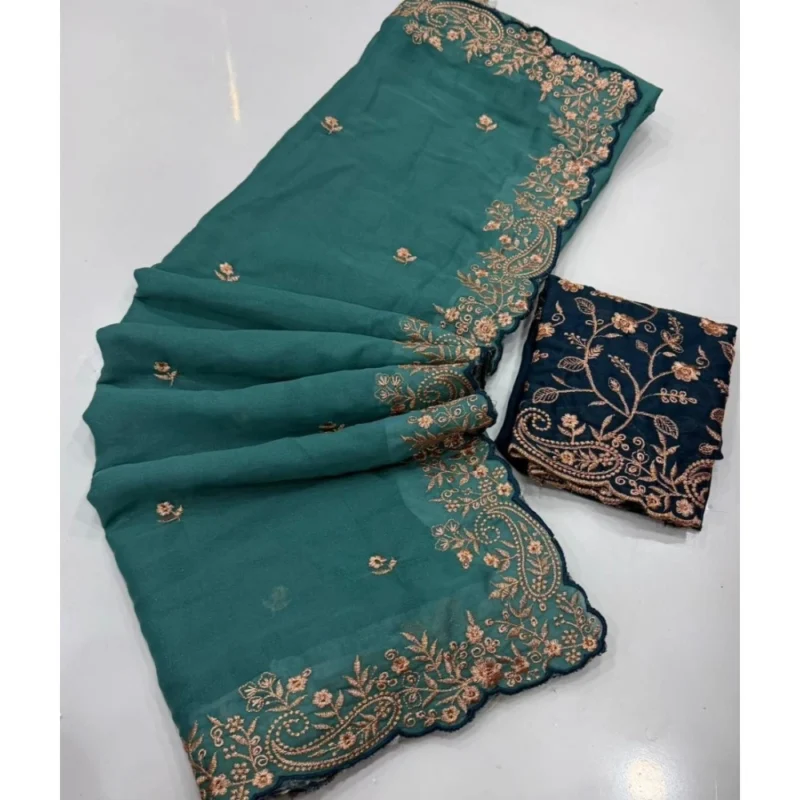 Women's Star Georgette Embroidered Saree With Unstitched Blouse 5.5Mtr (Sea Green) - Image 3