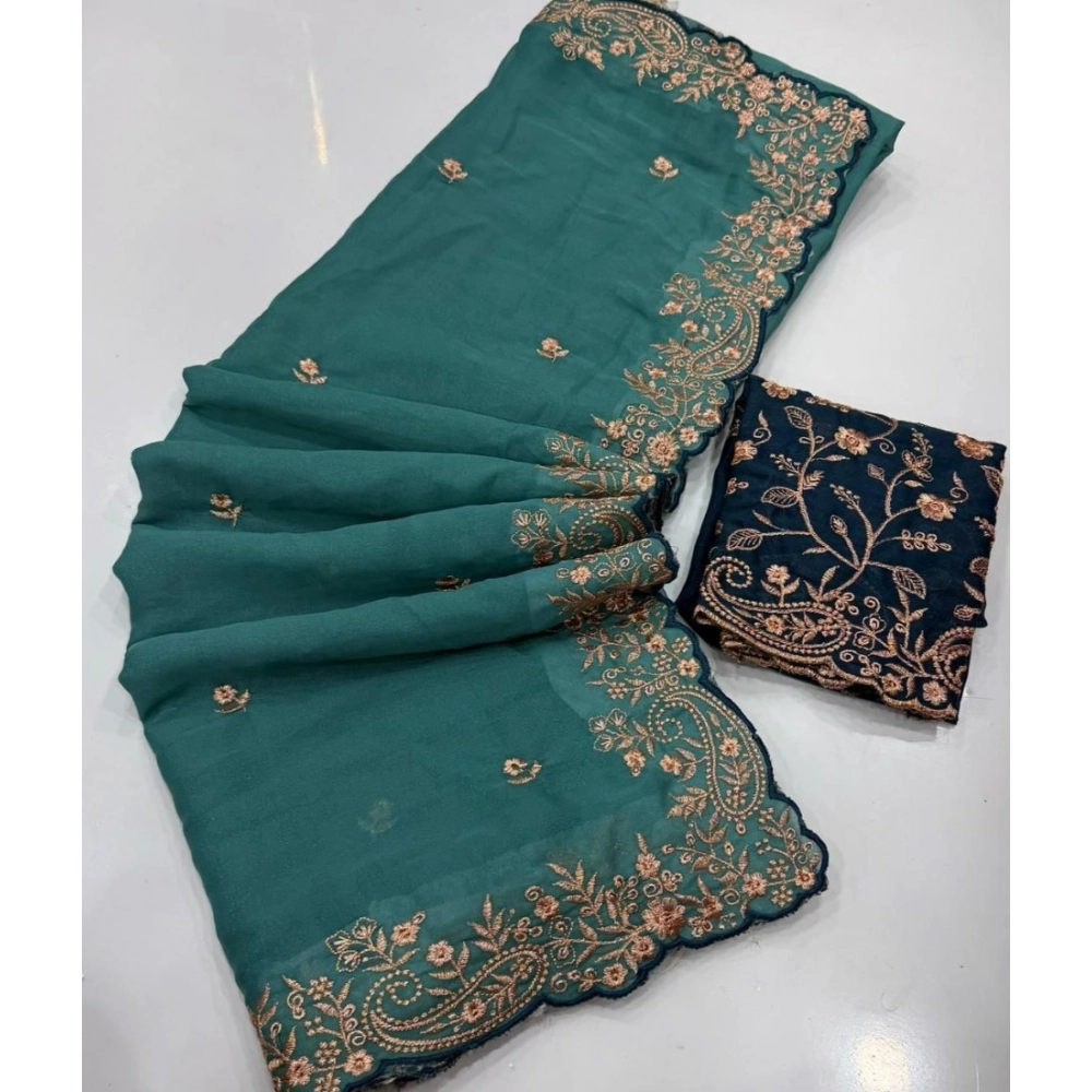 Women's Star Georgette Embroidered Saree With Unstitched Blouse 5.5Mtr (Sea Green) - Image 3