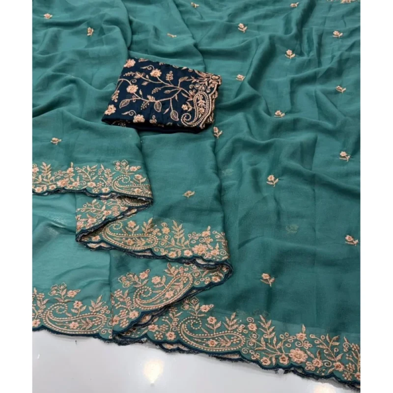Women's Star Georgette Embroidered Saree With Unstitched Blouse 5.5Mtr (Sea Green) - Image 4
