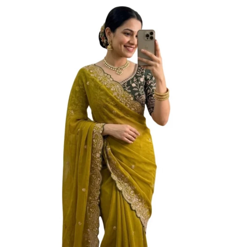 Women's Star Georgette Embroidered Saree With Unstitched Blouse 5.5Mtr (Mustard Yellow) - Image 2