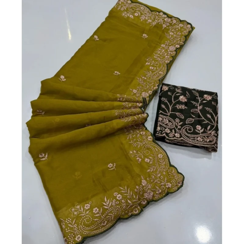 Women's Star Georgette Embroidered Saree With Unstitched Blouse 5.5Mtr (Mustard Yellow) - Image 3