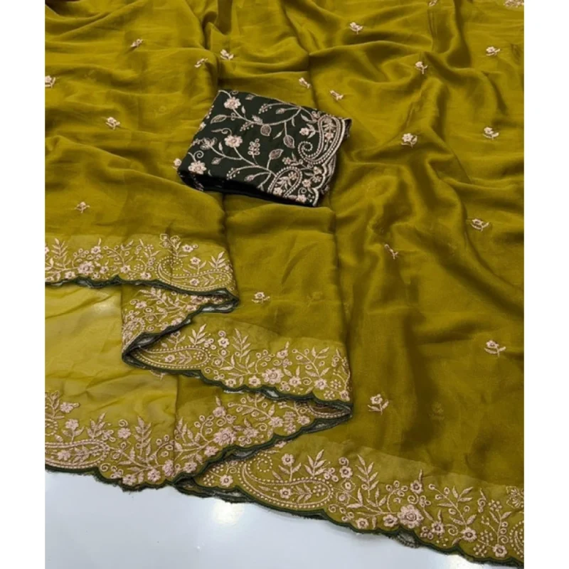 Women's Star Georgette Embroidered Saree With Unstitched Blouse 5.5Mtr (Mustard Yellow) - Image 4
