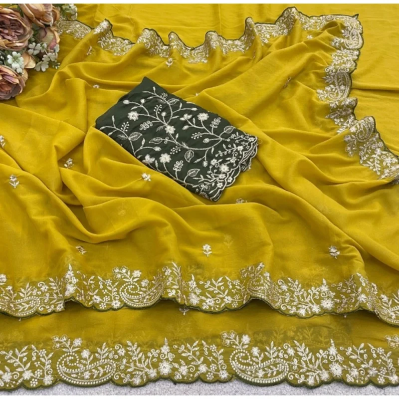 Women's Star Georgette Embroidered Saree With Unstitched Blouse 5.5Mtr (Mustard Yellow) - Image 5