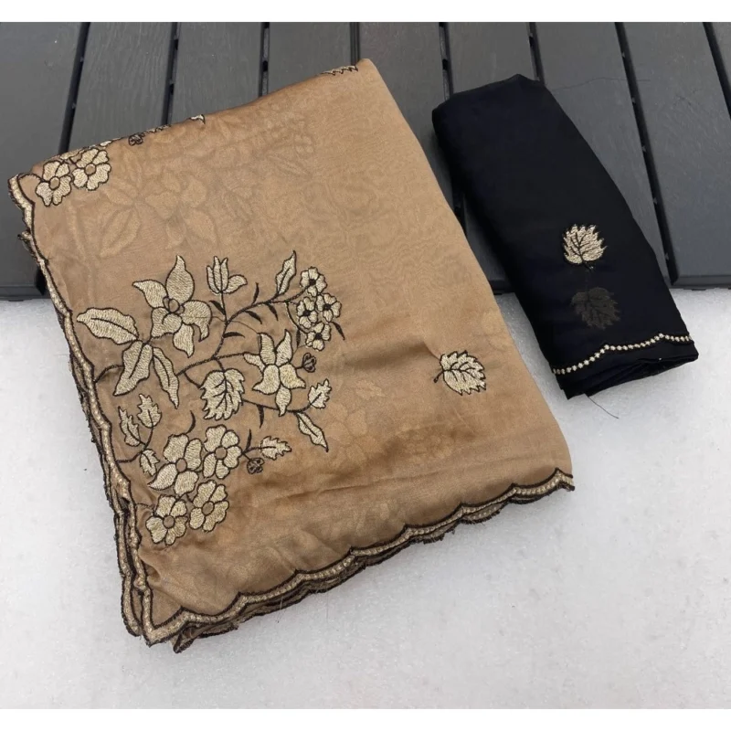 Women's Viscose Silk Embroidered Saree With Unstitched Blouse 5.5Mtr (Gold)