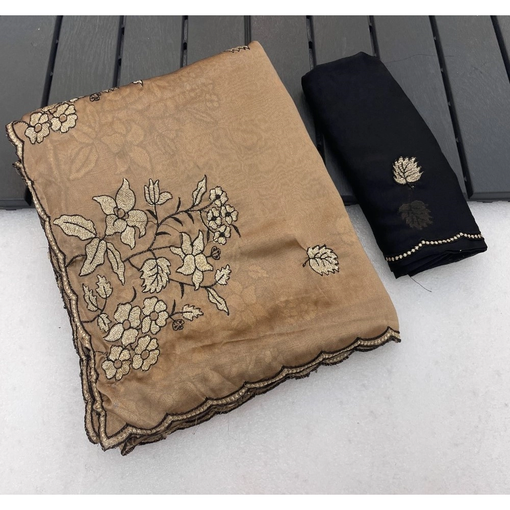 Women's Viscose Silk Embroidered Saree With Unstitched Blouse 5.5Mtr (Gold)