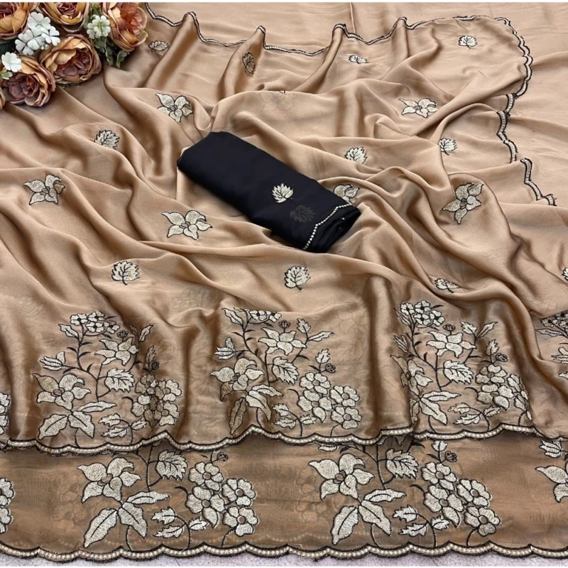 Women's Viscose Silk Embroidered Saree With Unstitched Blouse 5.5Mtr (Gold) - Image 3