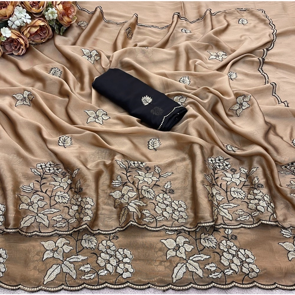Women's Viscose Silk Embroidered Saree With Unstitched Blouse 5.5Mtr (Gold) - Image 3