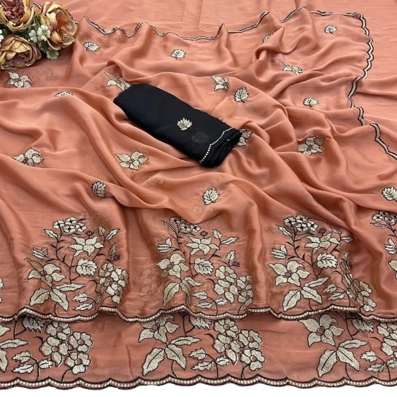 Women's Viscose Silk Embroidered Saree With Unstitched Blouse 5.5Mtr (Peach) - Image 2