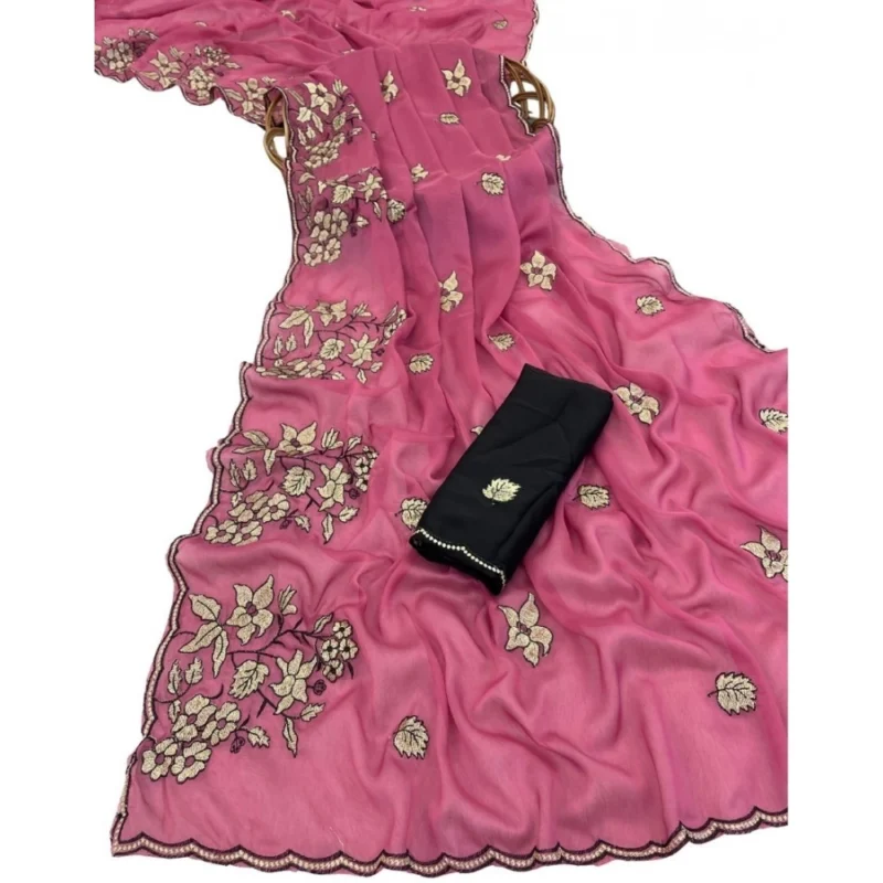 Women's Viscose Silk Embroidered Saree With Unstitched Blouse 5.5Mtr (Pink) - Image 2