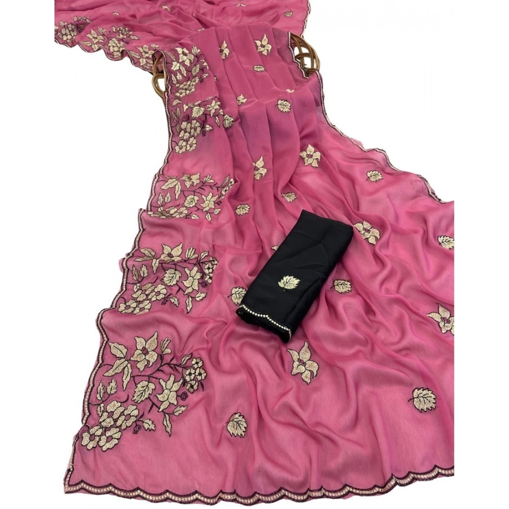 Women's Viscose Silk Embroidered Saree With Unstitched Blouse 5.5Mtr (Pink) - Image 2