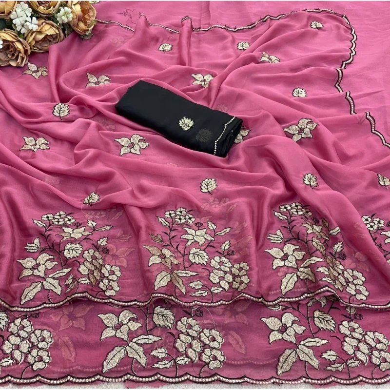 Women's Viscose Silk Embroidered Saree With Unstitched Blouse 5.5Mtr (Pink) - Image 3