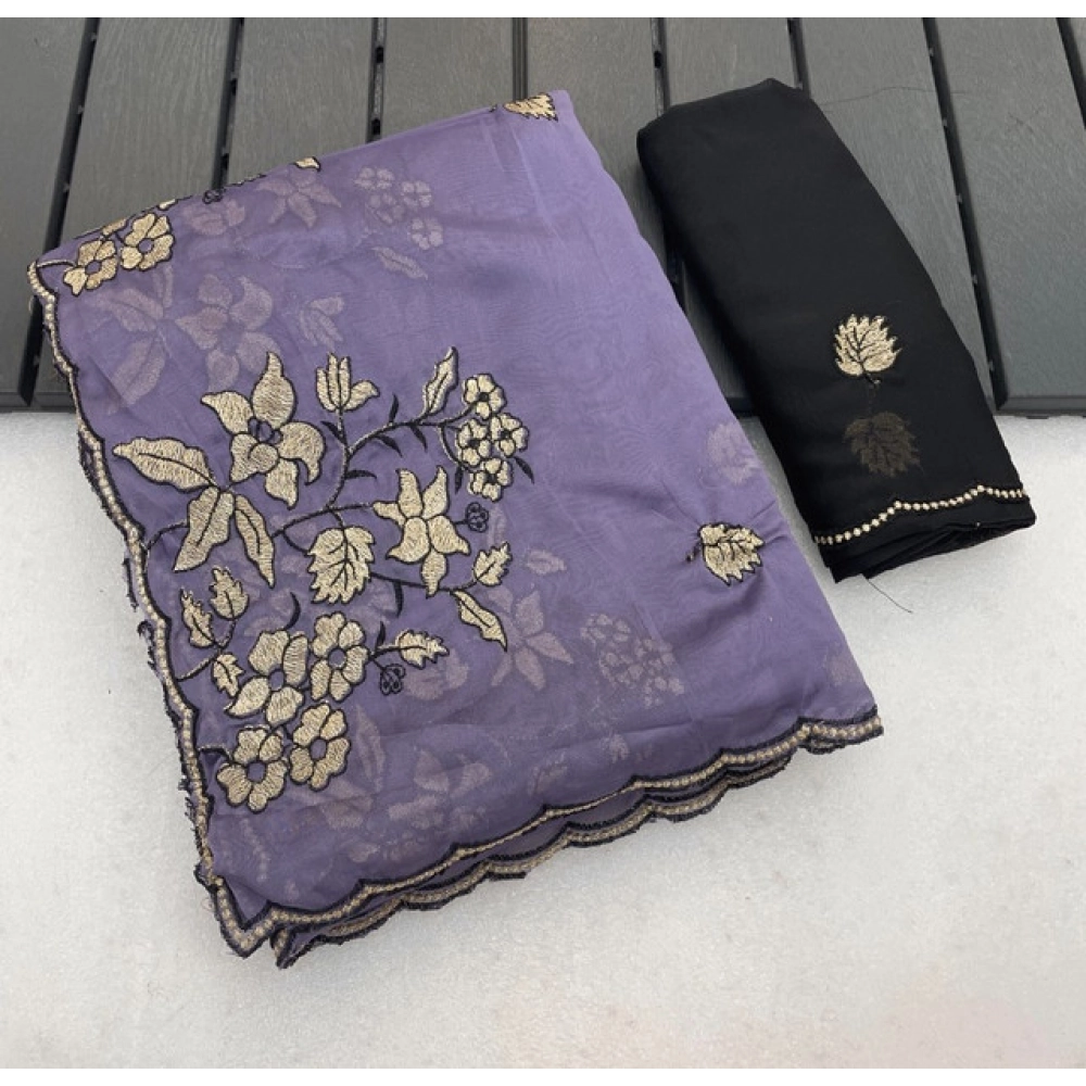 Women's Viscose Silk Embroidered Saree With Unstitched Blouse 5.5Mtr (Purple)
