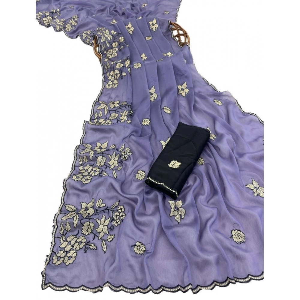 Women's Viscose Silk Embroidered Saree With Unstitched Blouse 5.5Mtr (Purple) - Image 2
