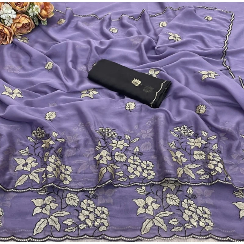 Women's Viscose Silk Embroidered Saree With Unstitched Blouse 5.5Mtr (Purple) - Image 3