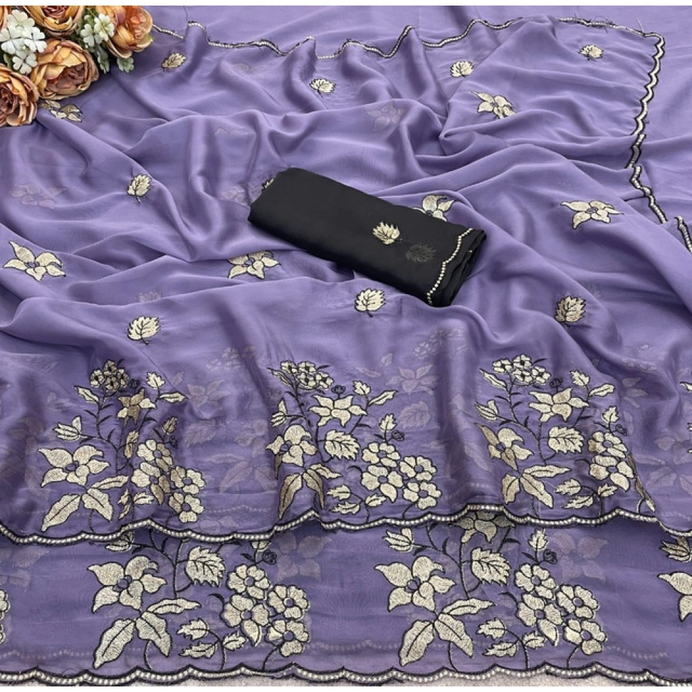 Women's Viscose Silk Embroidered Saree With Unstitched Blouse 5.5Mtr (Purple) - Image 3
