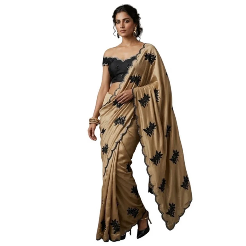 Women's Viscose Silk Embroidered Saree With Unstitched Blouse 5.5Mtr (Beige) - Image 2