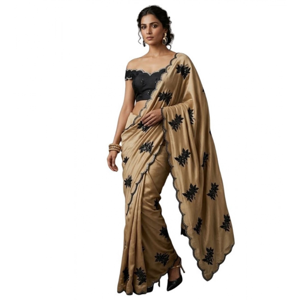 Women's Viscose Silk Embroidered Saree With Unstitched Blouse 5.5Mtr (Beige) - Image 2