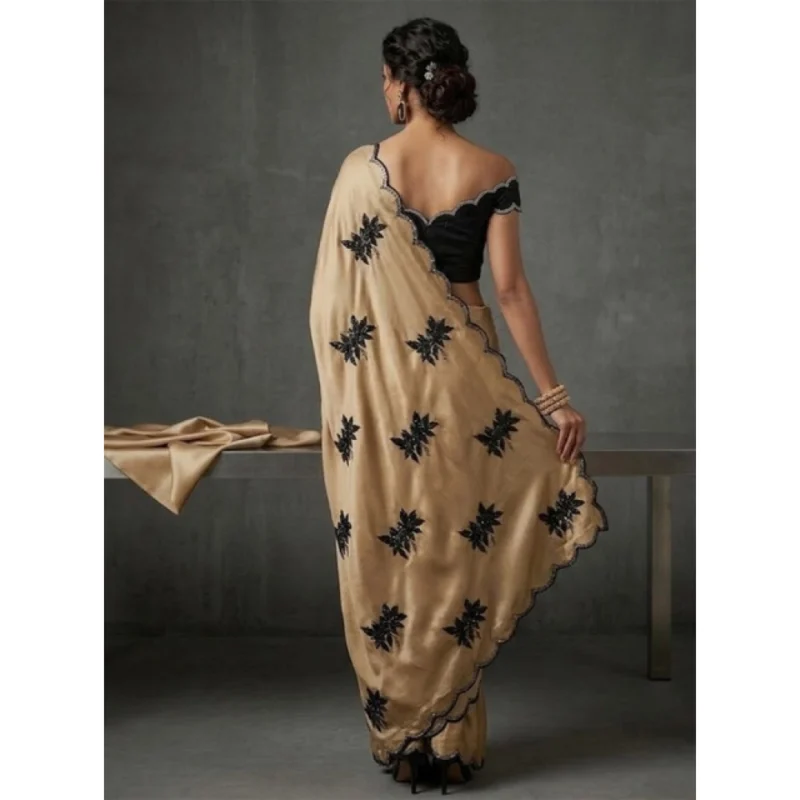 Women's Viscose Silk Embroidered Saree With Unstitched Blouse 5.5Mtr (Beige) - Image 3