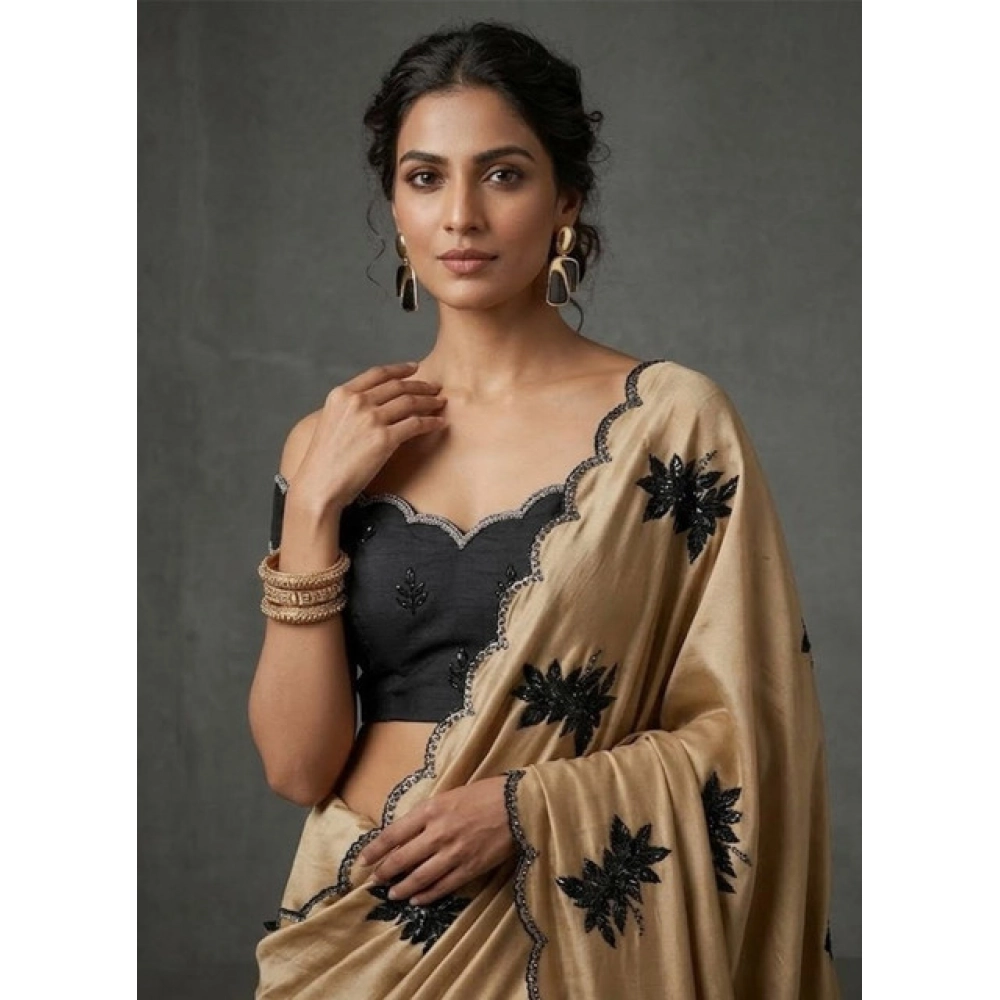 Women's Viscose Silk Embroidered Saree With Unstitched Blouse 5.5Mtr (Beige) - Image 4