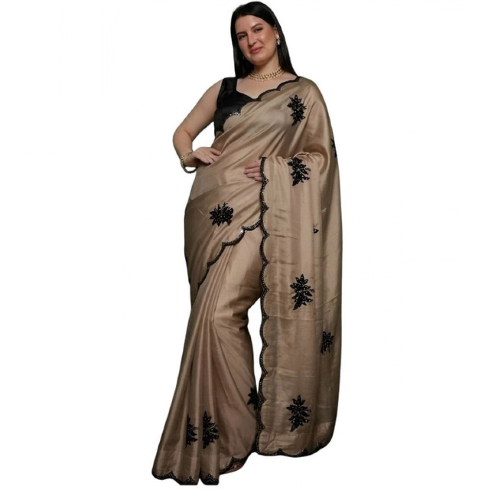 Women's Viscose Silk Embroidered Saree With Unstitched Blouse 5.5Mtr (Beige) - Image 2