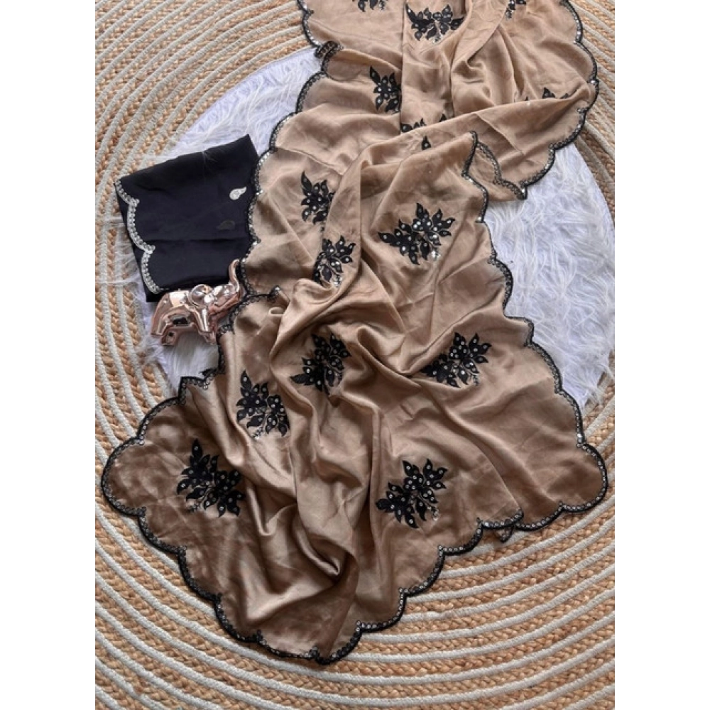 Women's Viscose Silk Embroidered Saree With Unstitched Blouse 5.5Mtr (Beige) - Image 3