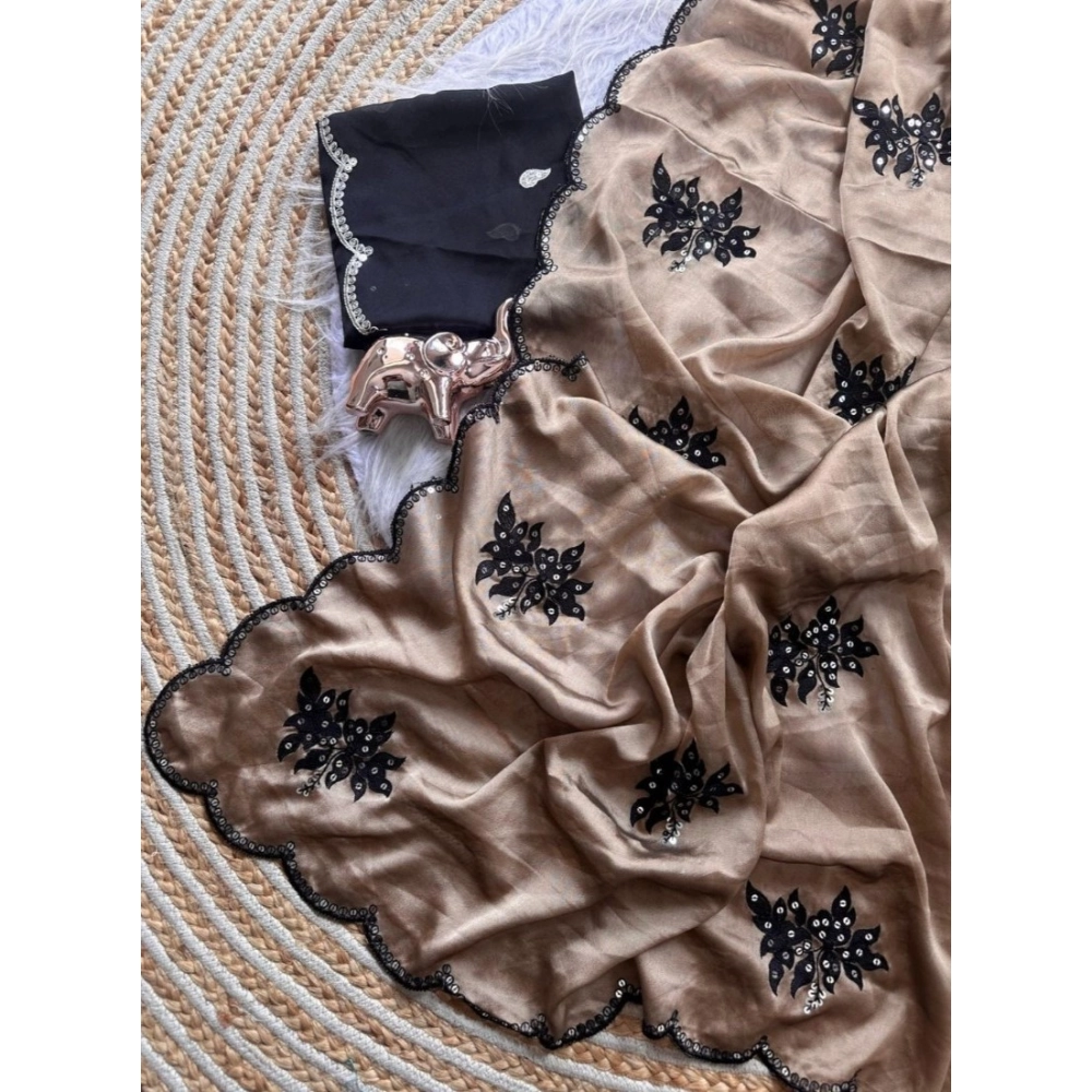 Women's Viscose Silk Embroidered Saree With Unstitched Blouse 5.5Mtr (Beige) - Image 4