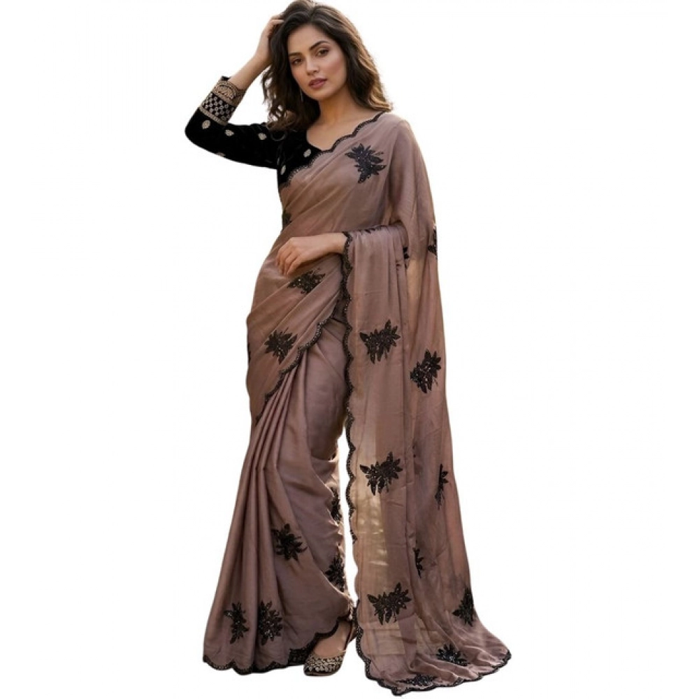 Women's Viscose Silk Embroidered Saree With Unstitched Blouse 5.5Mtr (Brown) - Image 2