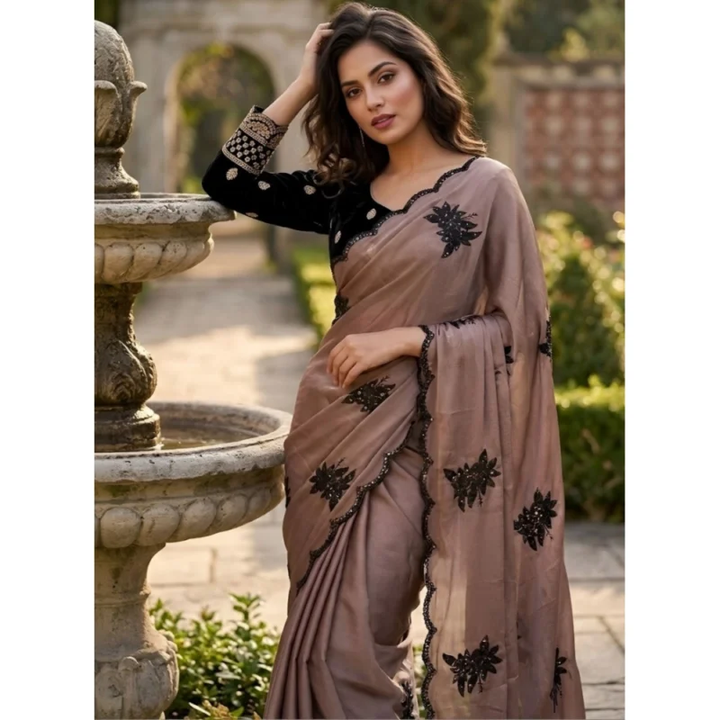 Women's Viscose Silk Embroidered Saree With Unstitched Blouse 5.5Mtr (Brown) - Image 3