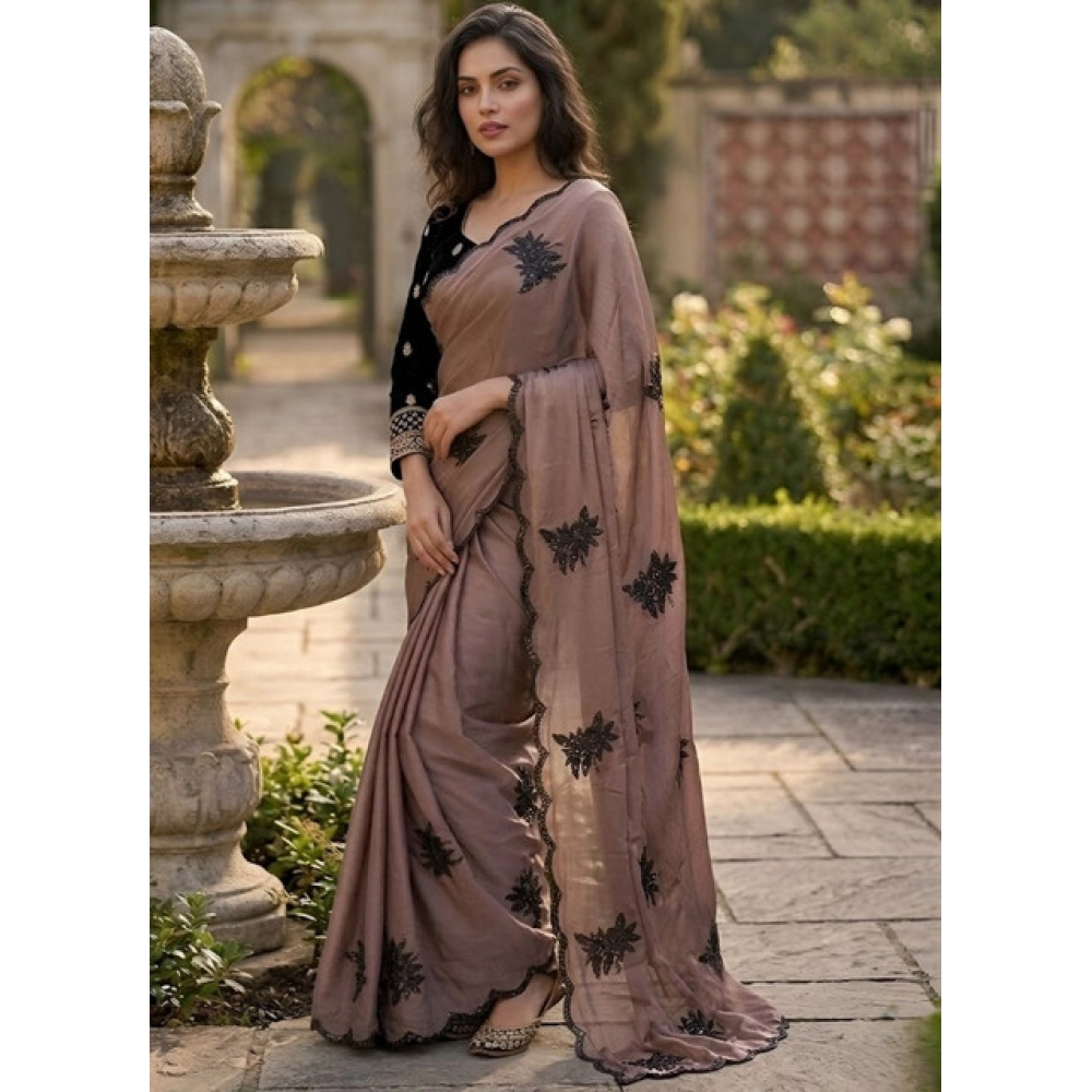 Women's Viscose Silk Embroidered Saree With Unstitched Blouse 5.5Mtr (Brown) - Image 4