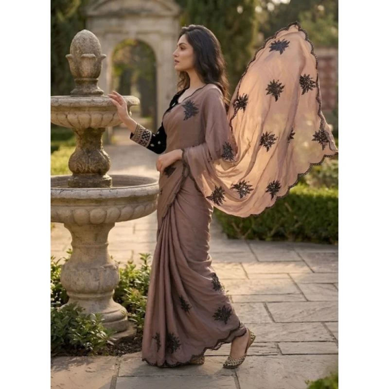 Women's Viscose Silk Embroidered Saree With Unstitched Blouse 5.5Mtr (Brown) - Image 5