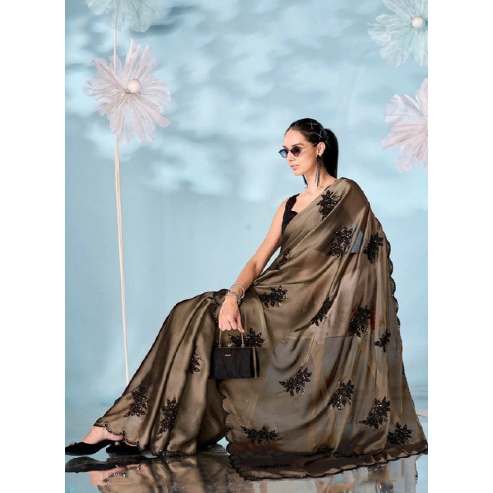 Women's Viscose Silk Embroidered Saree With Unstitched Blouse 5.5Mtr (Beige) - Image 3