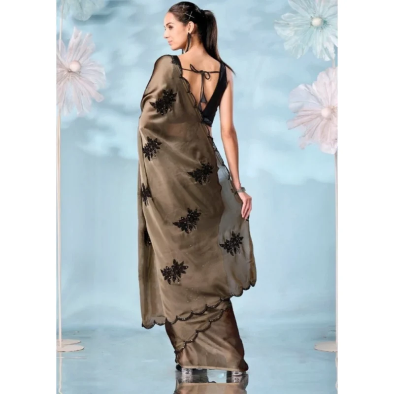 Women's Viscose Silk Embroidered Saree With Unstitched Blouse 5.5Mtr (Beige) - Image 4