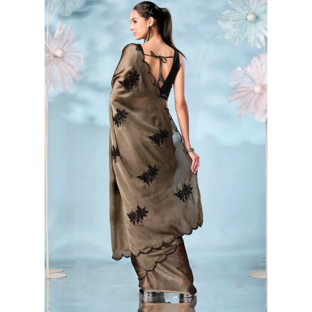Women's Viscose Silk Embroidered Saree With Unstitched Blouse 5.5Mtr (Beige) - Image 4