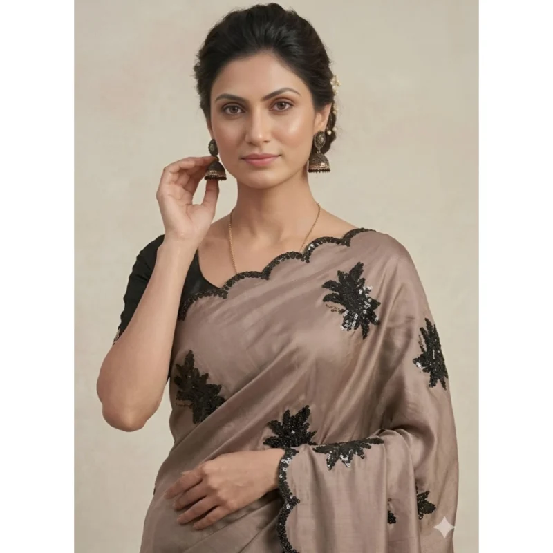 Women's Viscose Silk Embroidered Saree With Unstitched Blouse 5.5Mtr (Beige)