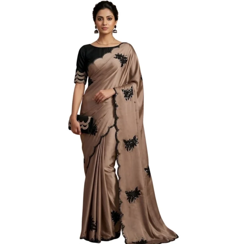 Women's Viscose Silk Embroidered Saree With Unstitched Blouse 5.5Mtr (Beige) - Image 2