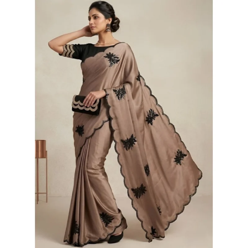 Women's Viscose Silk Embroidered Saree With Unstitched Blouse 5.5Mtr (Beige) - Image 3