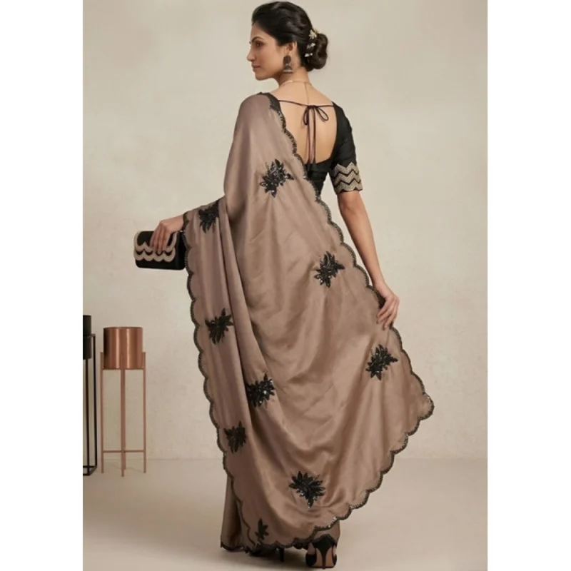 Women's Viscose Silk Embroidered Saree With Unstitched Blouse 5.5Mtr (Beige) - Image 4