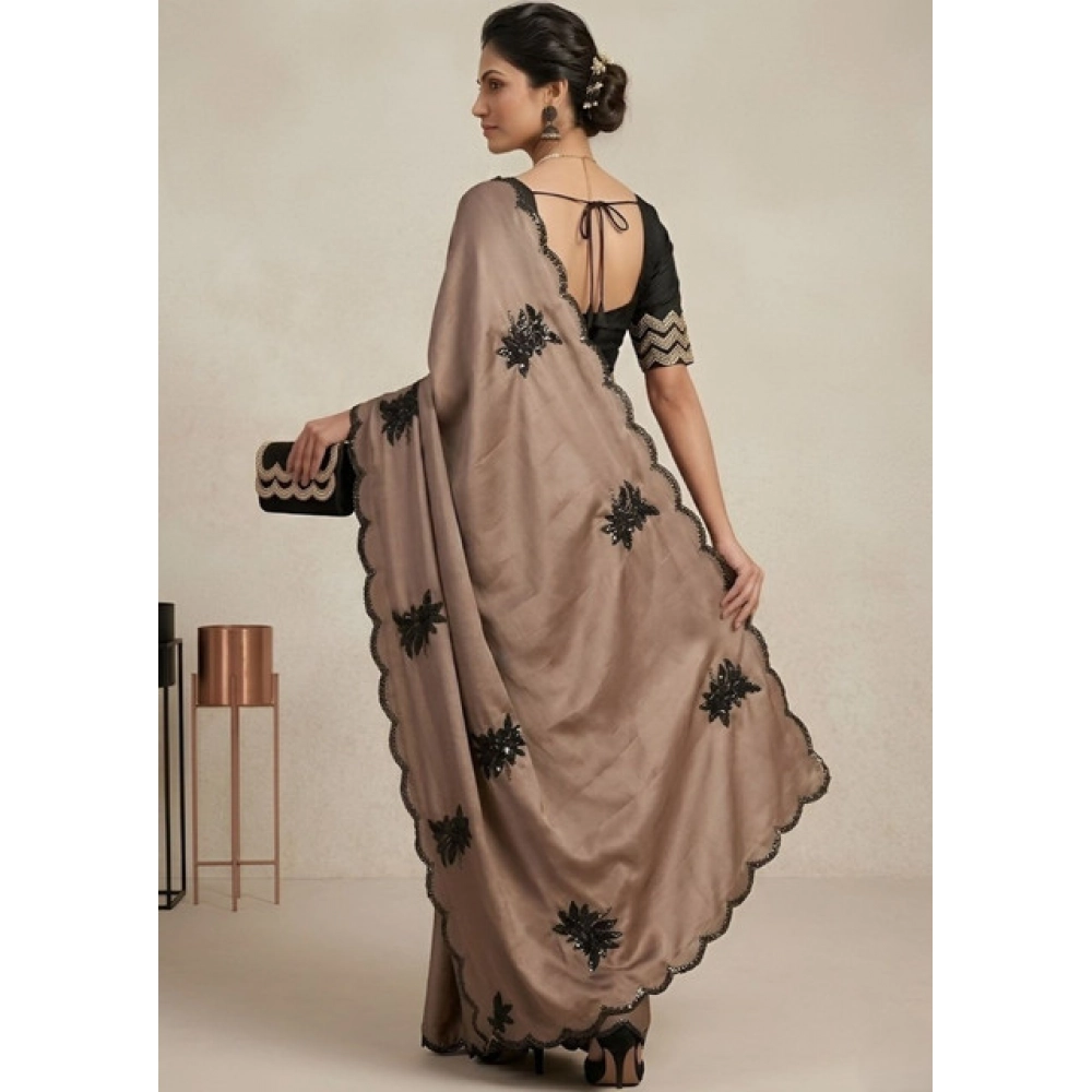 Women's Viscose Silk Embroidered Saree With Unstitched Blouse 5.5Mtr (Beige) - Image 4